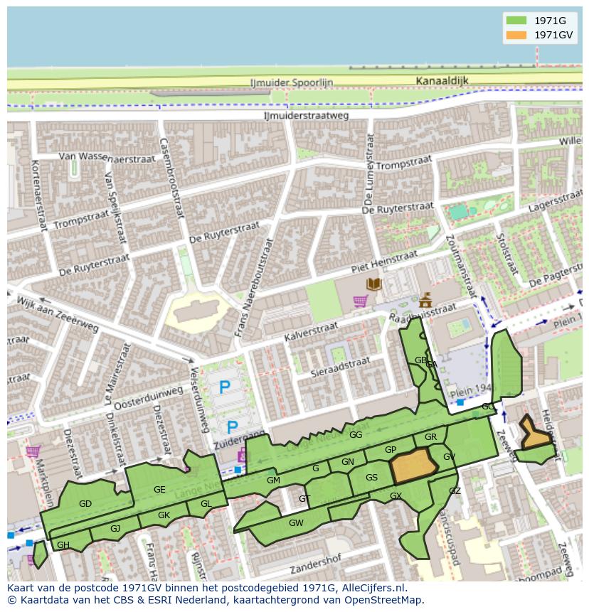 Afbeelding van het postcodegebied 1971 GV op de kaart.