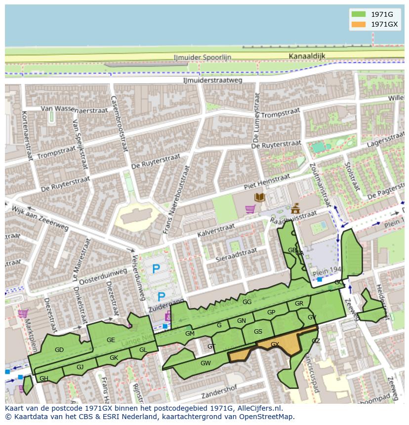 Afbeelding van het postcodegebied 1971 GX op de kaart.