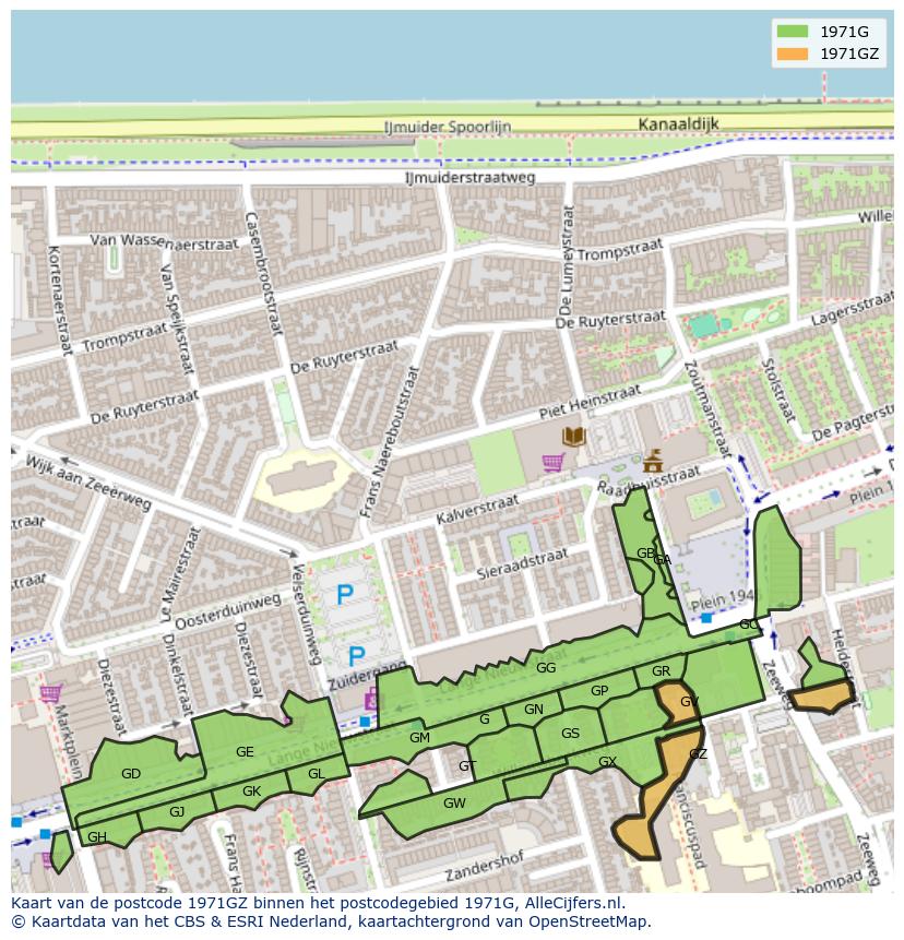 Afbeelding van het postcodegebied 1971 GZ op de kaart.