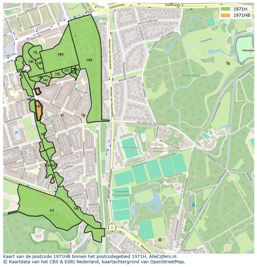 Afbeelding van het postcodegebied 1971 HB op de kaart.