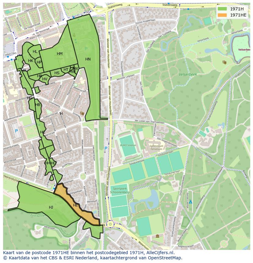 Afbeelding van het postcodegebied 1971 HE op de kaart.