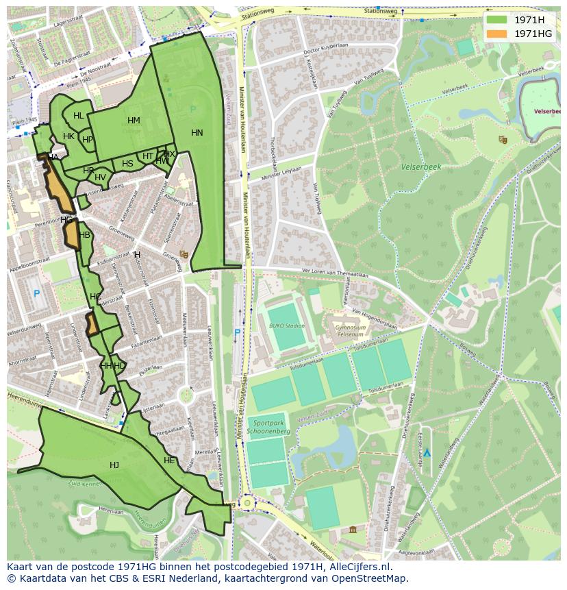 Afbeelding van het postcodegebied 1971 HG op de kaart.