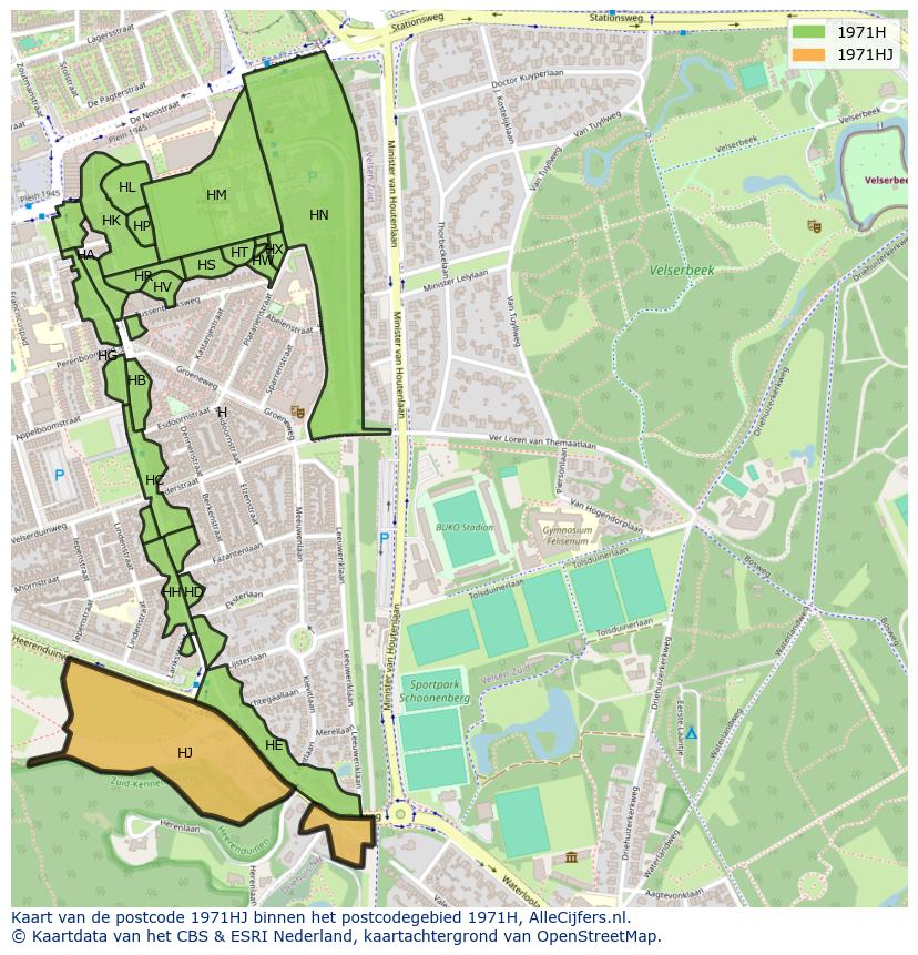 Afbeelding van het postcodegebied 1971 HJ op de kaart.