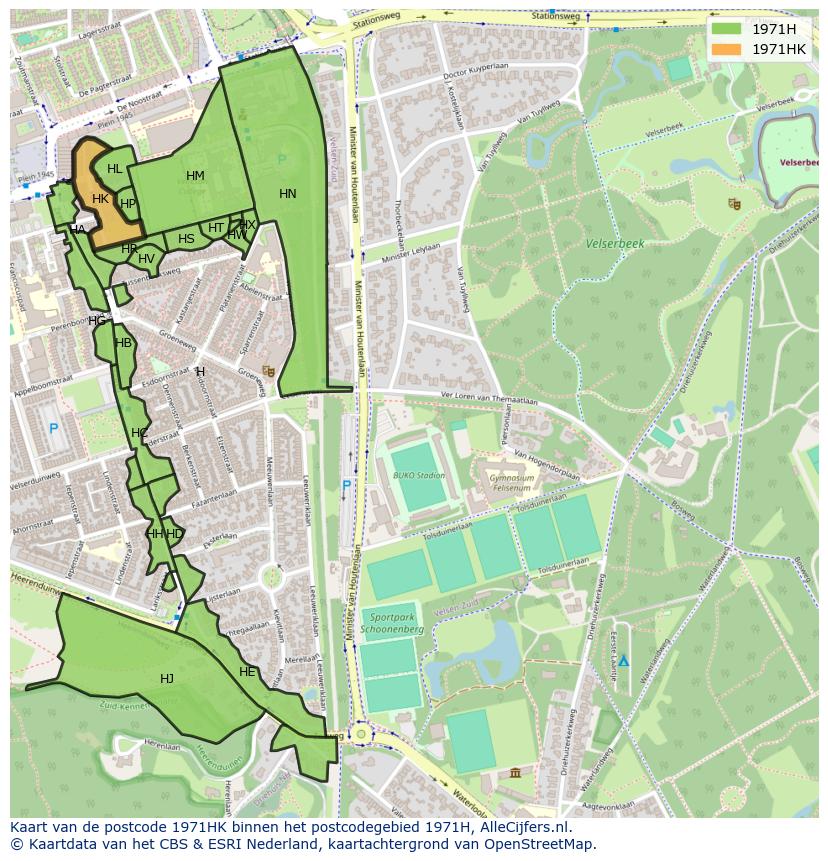 Afbeelding van het postcodegebied 1971 HK op de kaart.