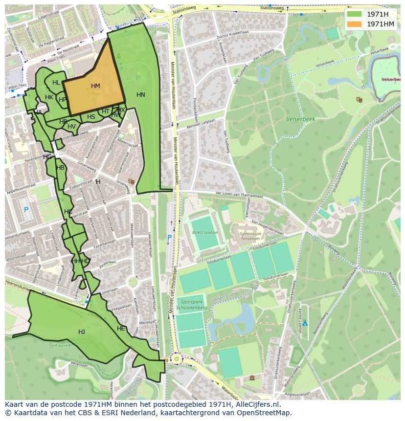 Afbeelding van het postcodegebied 1971 HM op de kaart.