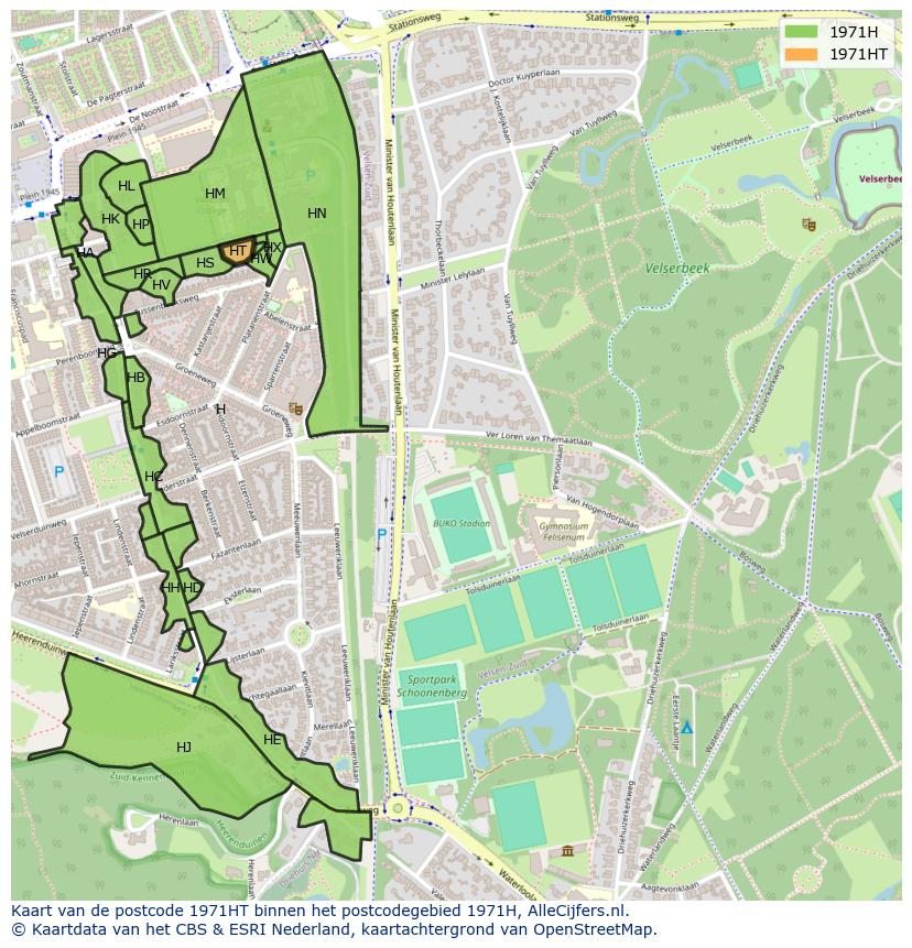 Afbeelding van het postcodegebied 1971 HT op de kaart.