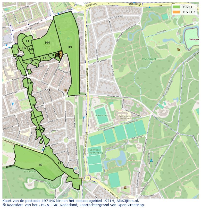 Afbeelding van het postcodegebied 1971 HX op de kaart.