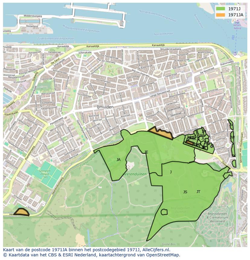 Afbeelding van het postcodegebied 1971 JA op de kaart.