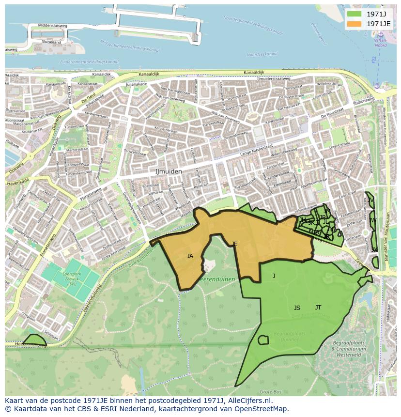 Afbeelding van het postcodegebied 1971 JE op de kaart.