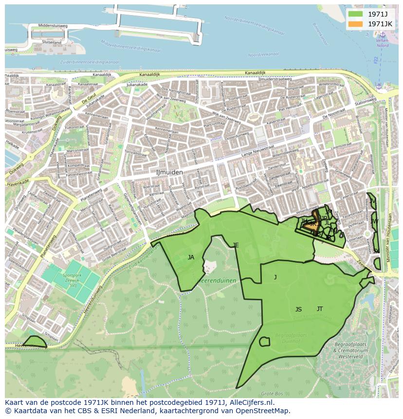 Afbeelding van het postcodegebied 1971 JK op de kaart.