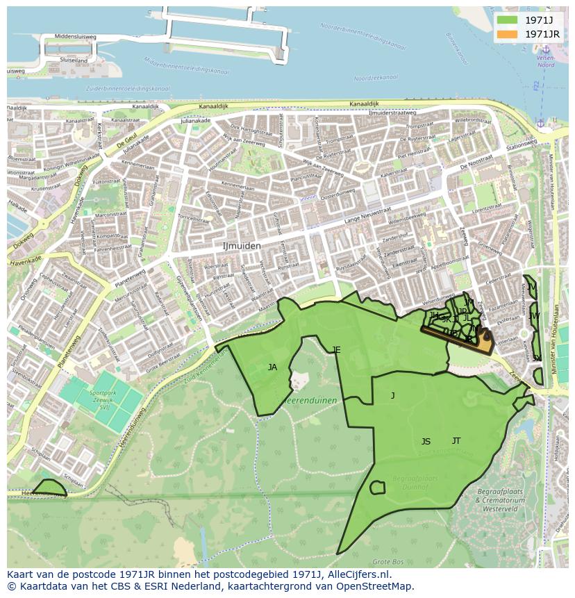 Afbeelding van het postcodegebied 1971 JR op de kaart.