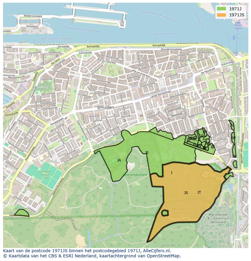 Afbeelding van het postcodegebied 1971 JS op de kaart.