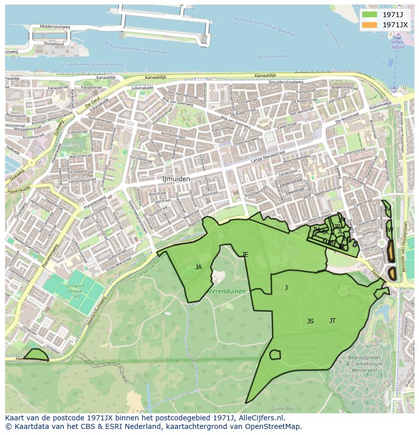 Afbeelding van het postcodegebied 1971 JX op de kaart.