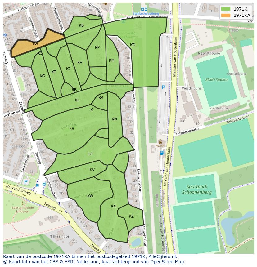 Afbeelding van het postcodegebied 1971 KA op de kaart.