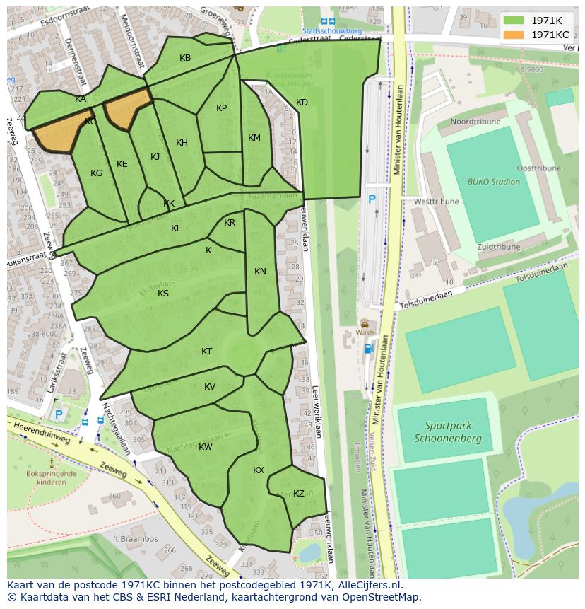 Afbeelding van het postcodegebied 1971 KC op de kaart.