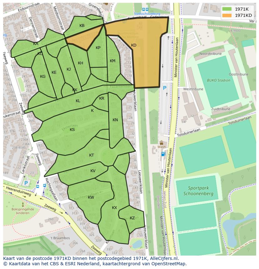 Afbeelding van het postcodegebied 1971 KD op de kaart.