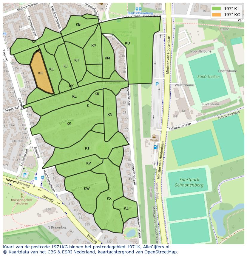 Afbeelding van het postcodegebied 1971 KG op de kaart.