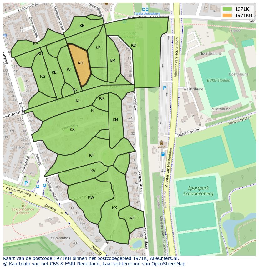 Afbeelding van het postcodegebied 1971 KH op de kaart.