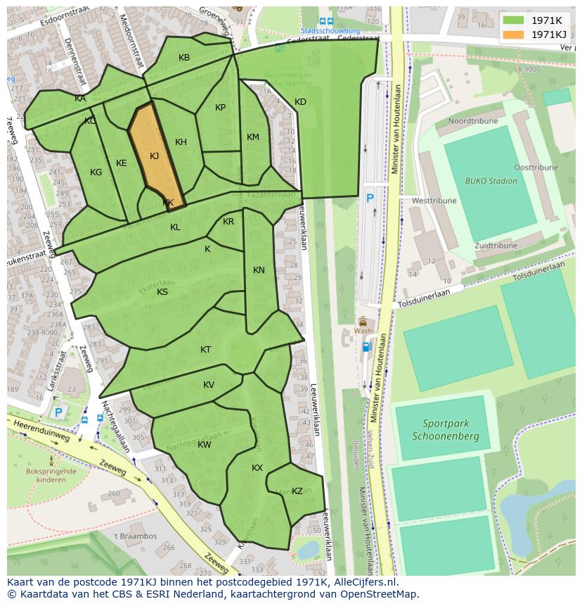 Afbeelding van het postcodegebied 1971 KJ op de kaart.