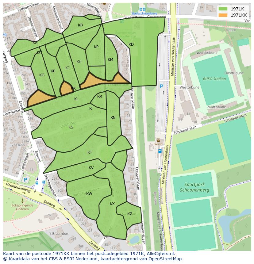 Afbeelding van het postcodegebied 1971 KK op de kaart.