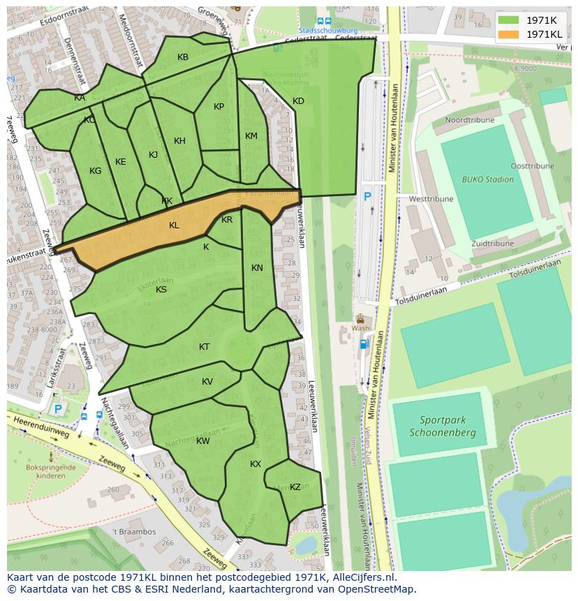 Afbeelding van het postcodegebied 1971 KL op de kaart.