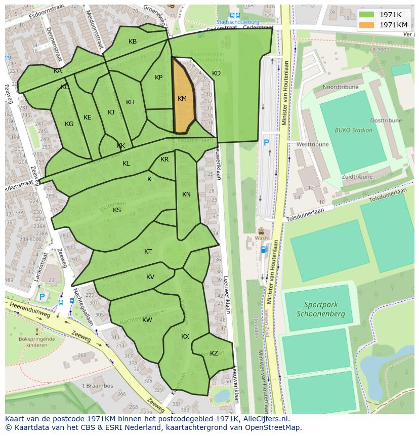 Afbeelding van het postcodegebied 1971 KM op de kaart.