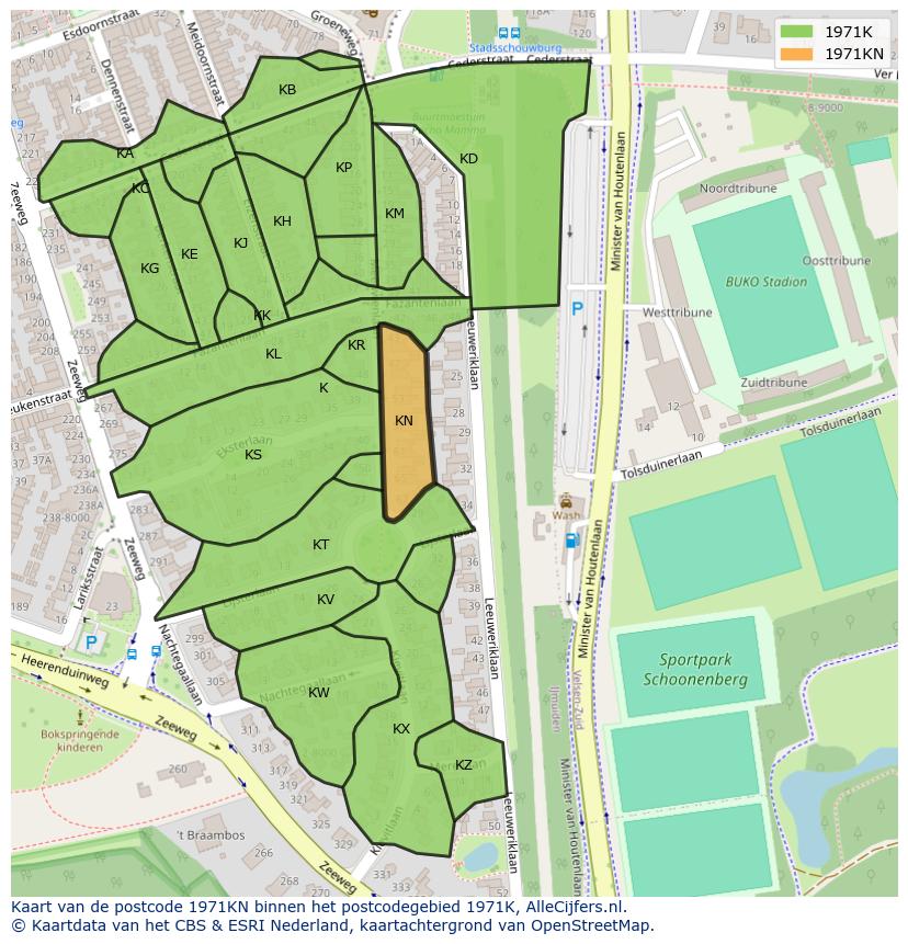 Afbeelding van het postcodegebied 1971 KN op de kaart.