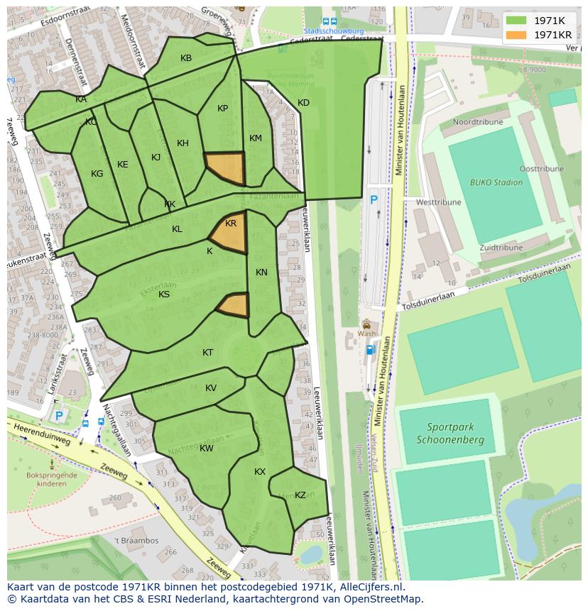 Afbeelding van het postcodegebied 1971 KR op de kaart.