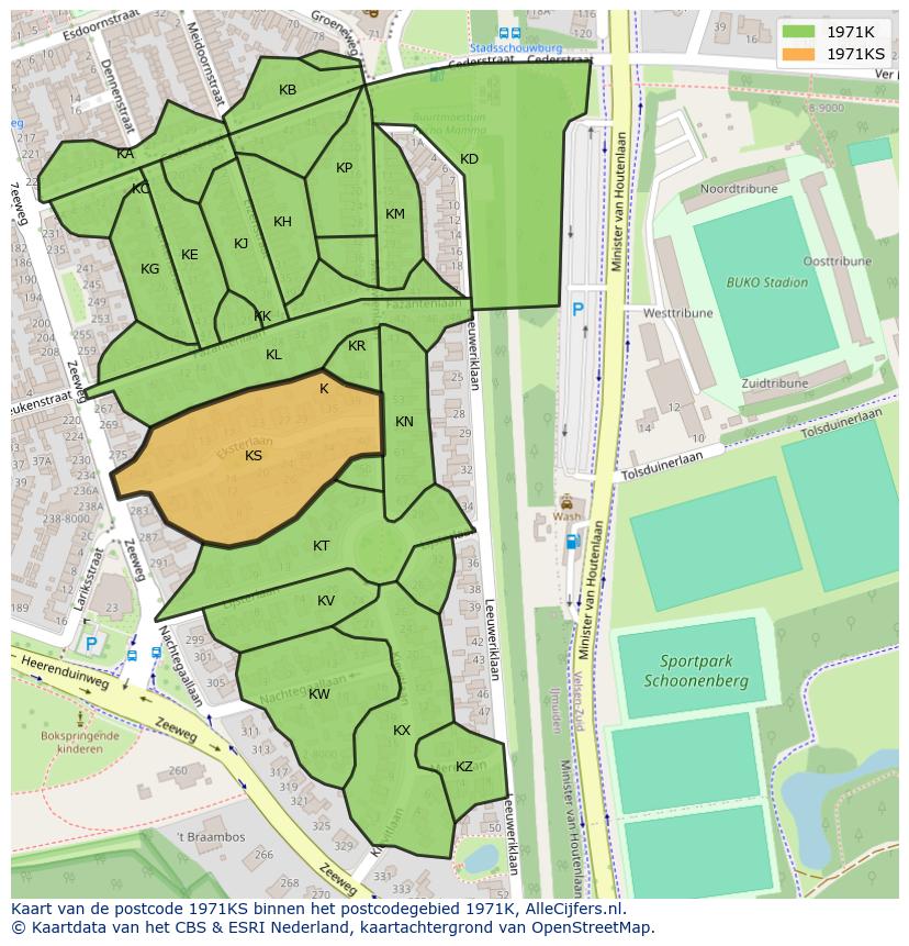 Afbeelding van het postcodegebied 1971 KS op de kaart.