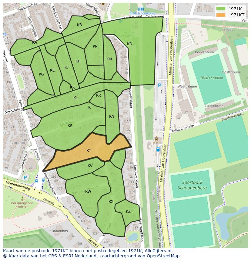 Afbeelding van het postcodegebied 1971 KT op de kaart.
