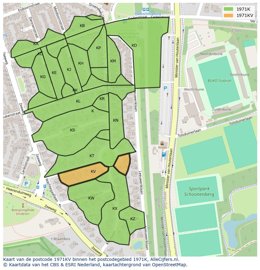 Afbeelding van het postcodegebied 1971 KV op de kaart.