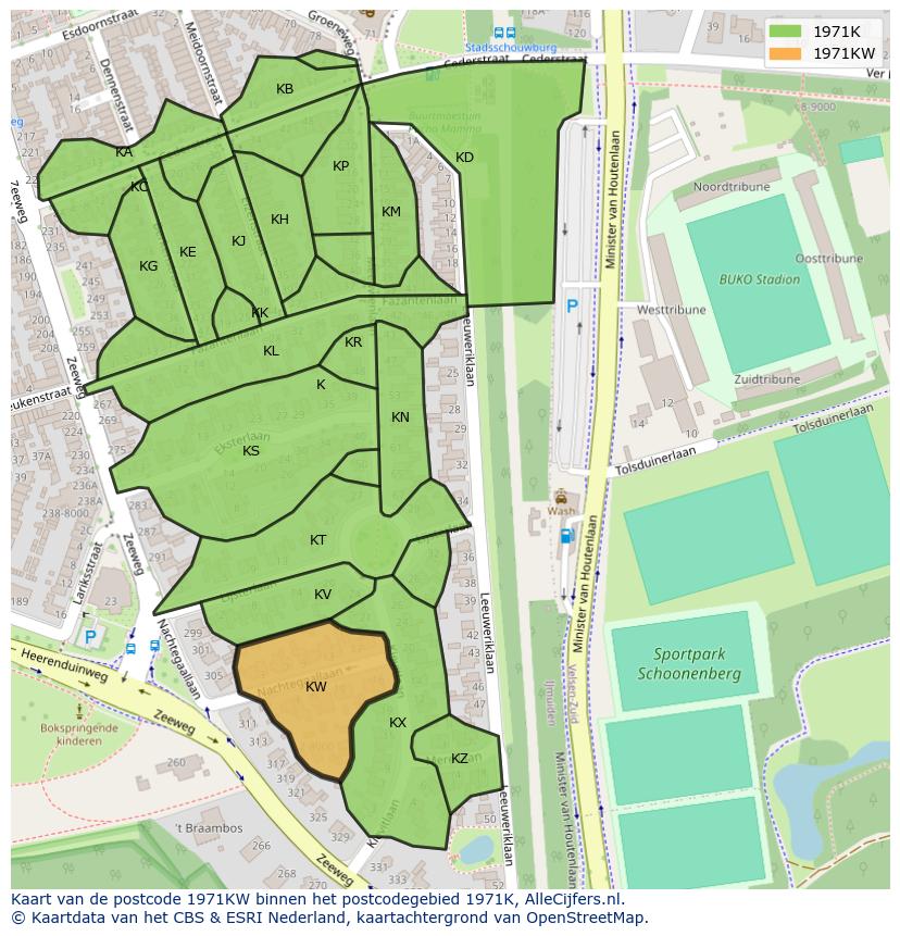 Afbeelding van het postcodegebied 1971 KW op de kaart.