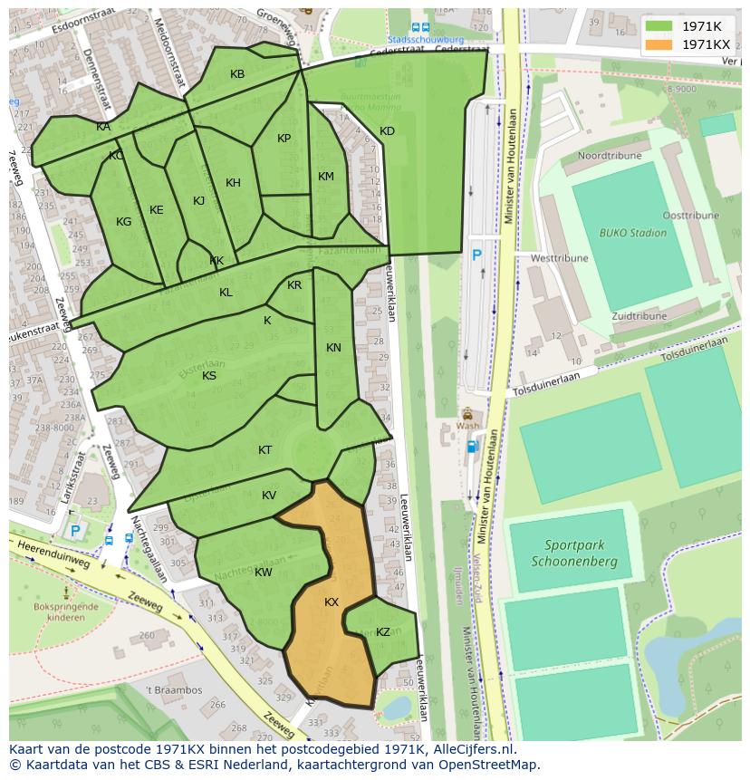 Afbeelding van het postcodegebied 1971 KX op de kaart.
