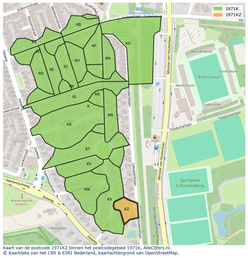Afbeelding van het postcodegebied 1971 KZ op de kaart.