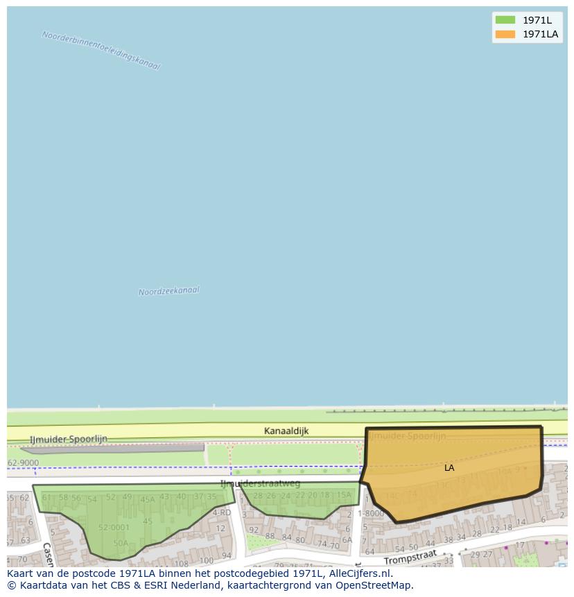 Afbeelding van het postcodegebied 1971 LA op de kaart.