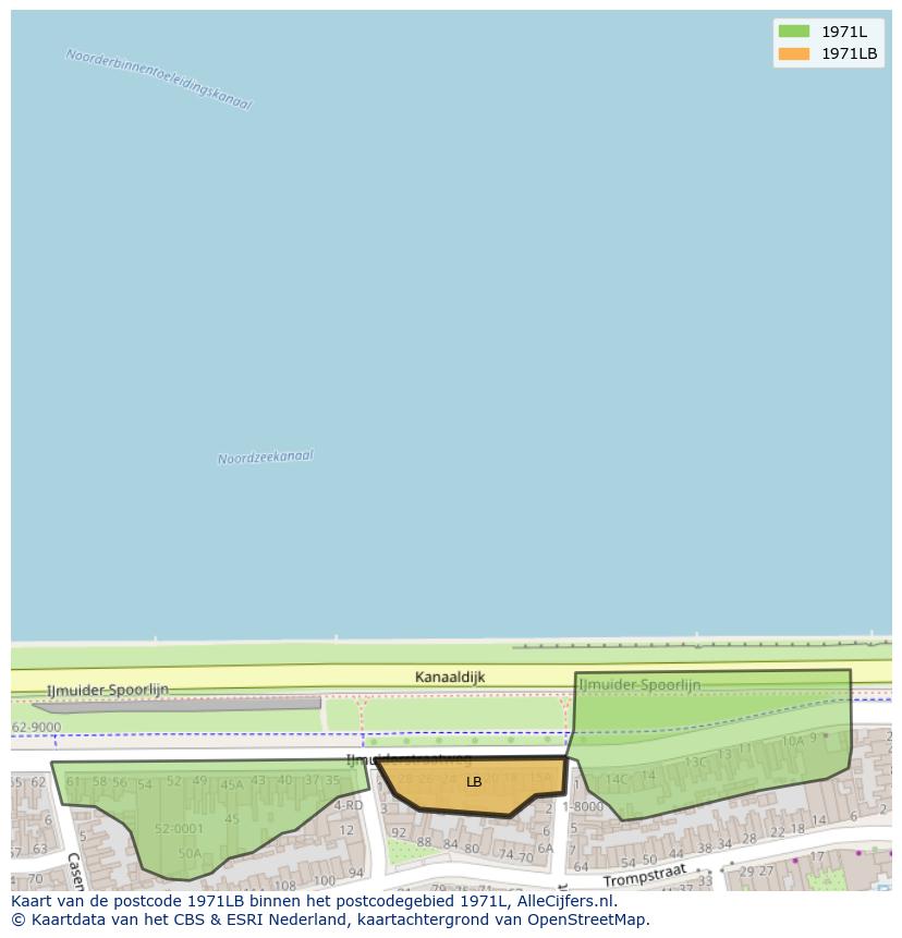 Afbeelding van het postcodegebied 1971 LB op de kaart.