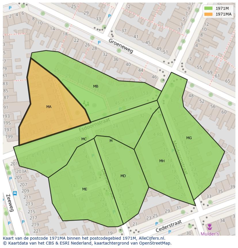 Afbeelding van het postcodegebied 1971 MA op de kaart.