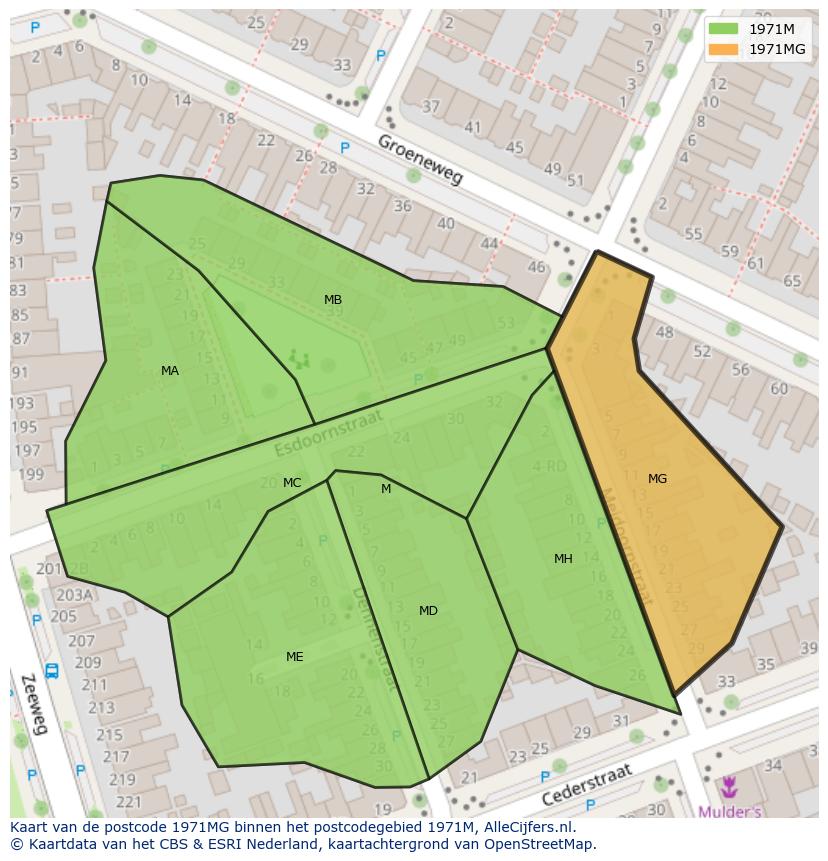 Afbeelding van het postcodegebied 1971 MG op de kaart.