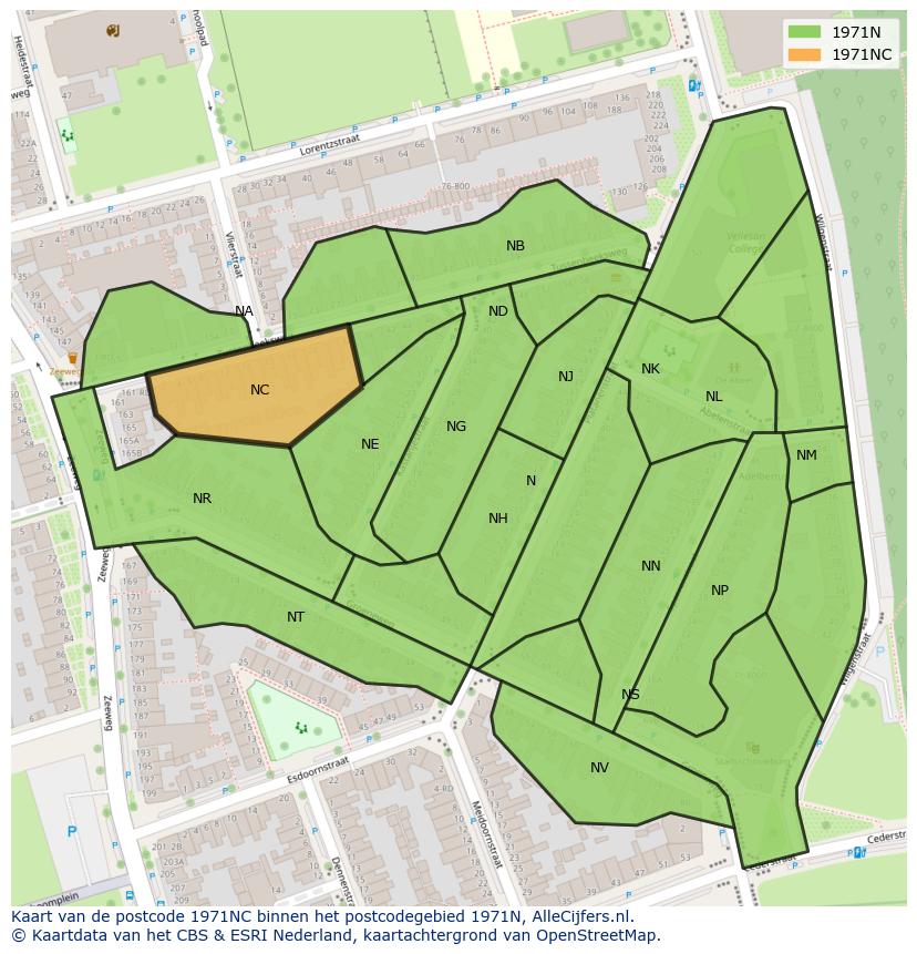 Afbeelding van het postcodegebied 1971 NC op de kaart.