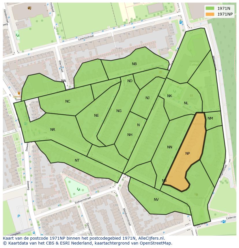 Afbeelding van het postcodegebied 1971 NP op de kaart.