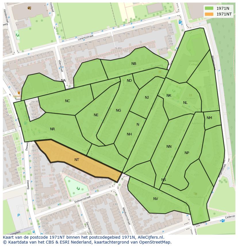 Afbeelding van het postcodegebied 1971 NT op de kaart.