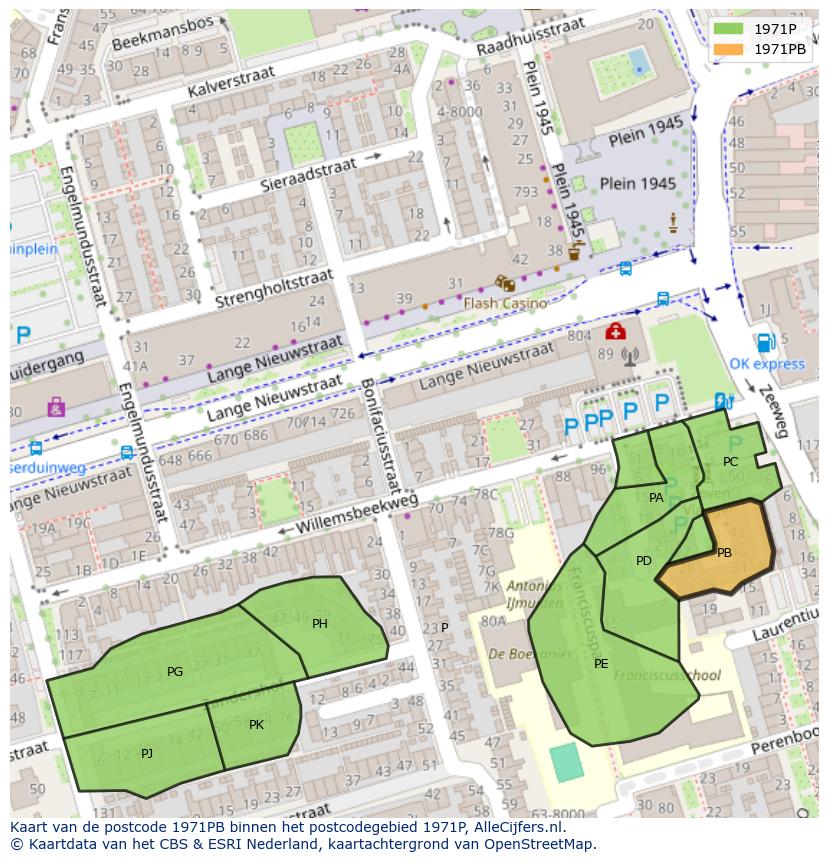 Afbeelding van het postcodegebied 1971 PB op de kaart.