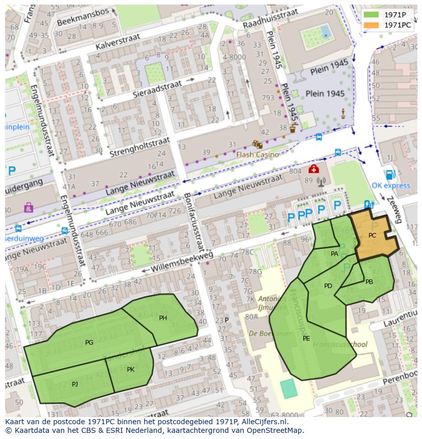 Afbeelding van het postcodegebied 1971 PC op de kaart.