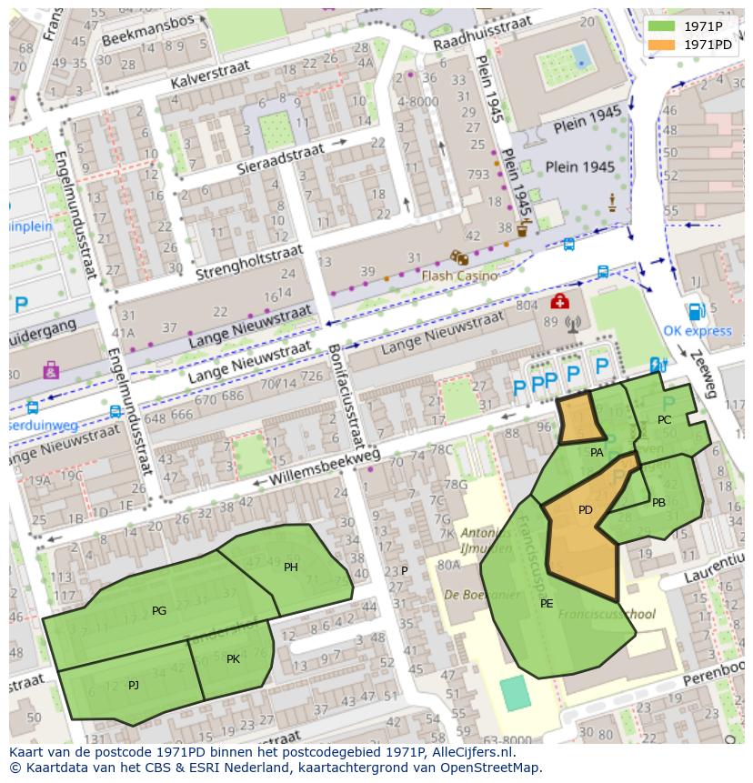 Afbeelding van het postcodegebied 1971 PD op de kaart.