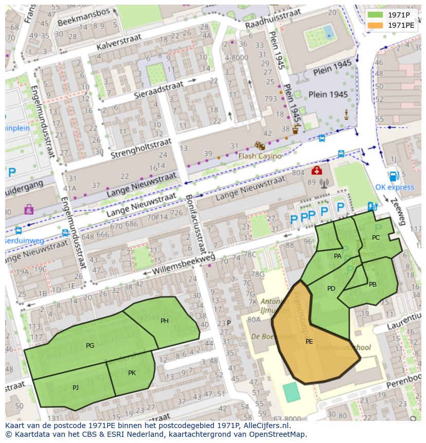 Afbeelding van het postcodegebied 1971 PE op de kaart.