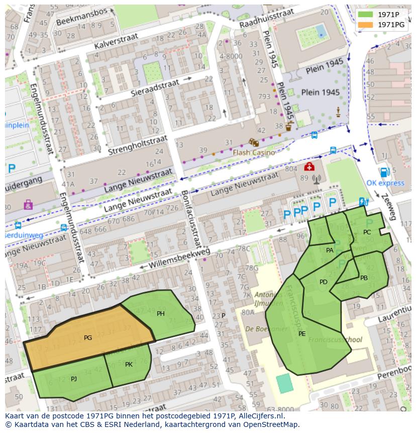 Afbeelding van het postcodegebied 1971 PG op de kaart.