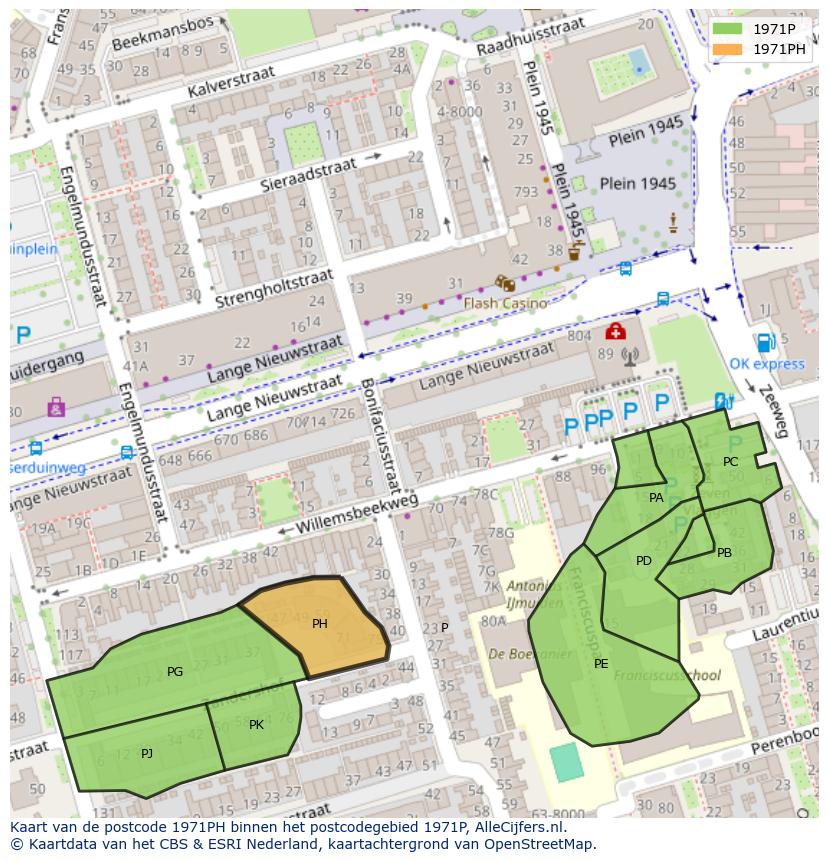 Afbeelding van het postcodegebied 1971 PH op de kaart.