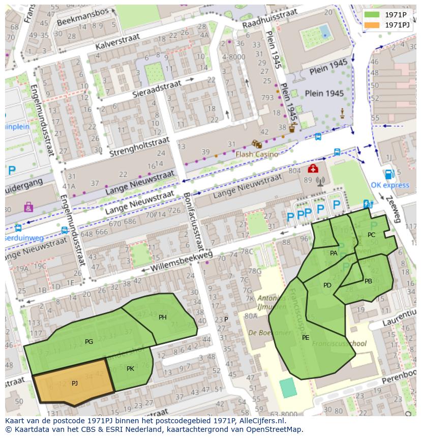 Afbeelding van het postcodegebied 1971 PJ op de kaart.