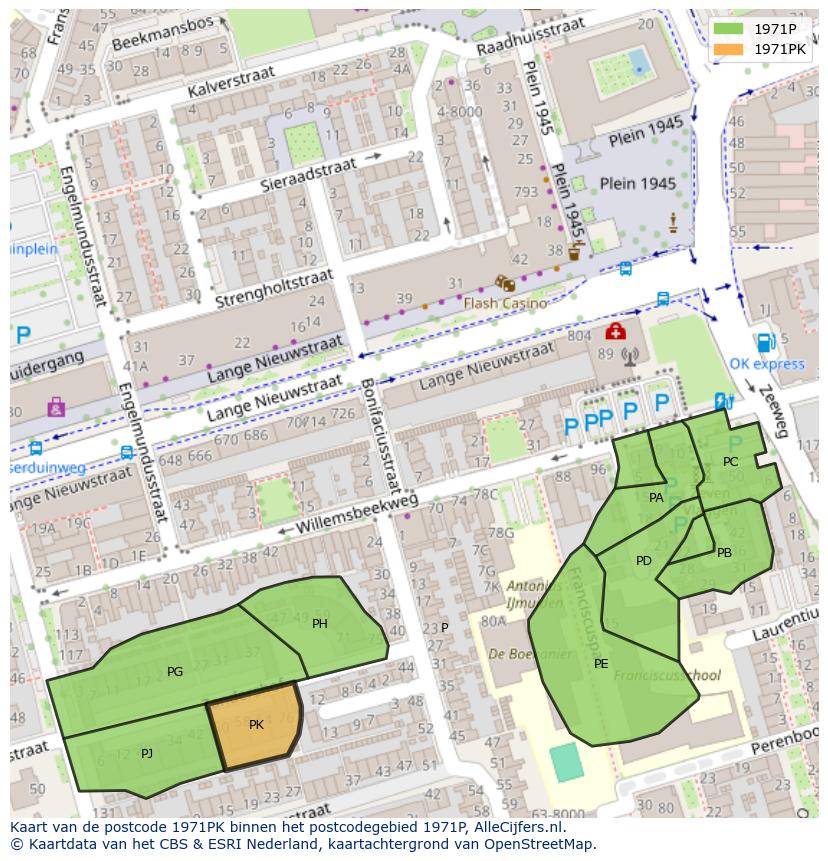 Afbeelding van het postcodegebied 1971 PK op de kaart.
