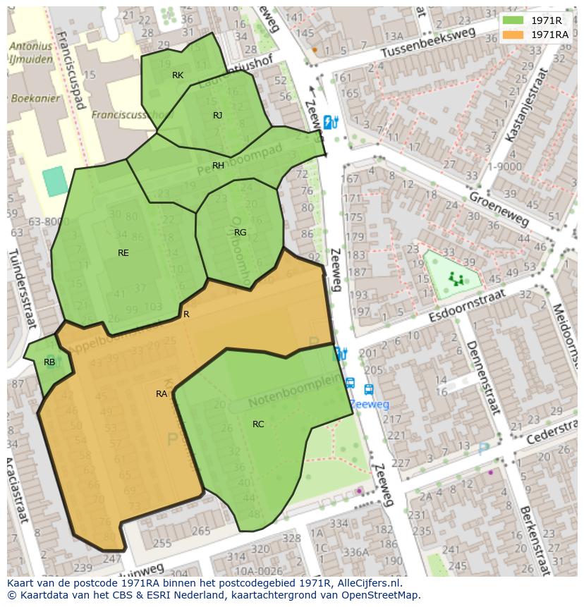 Afbeelding van het postcodegebied 1971 RA op de kaart.